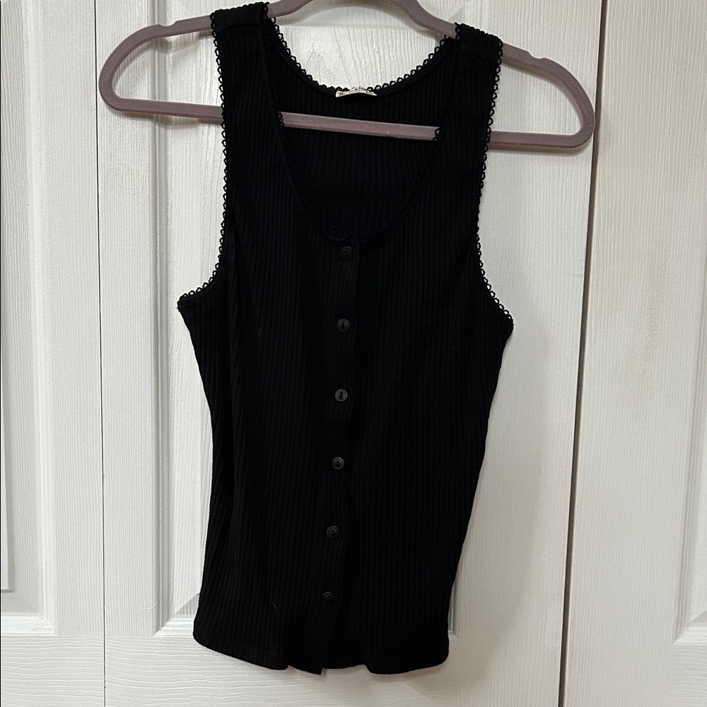 Free People Black Sleeveless Ribbed Button-Up Top